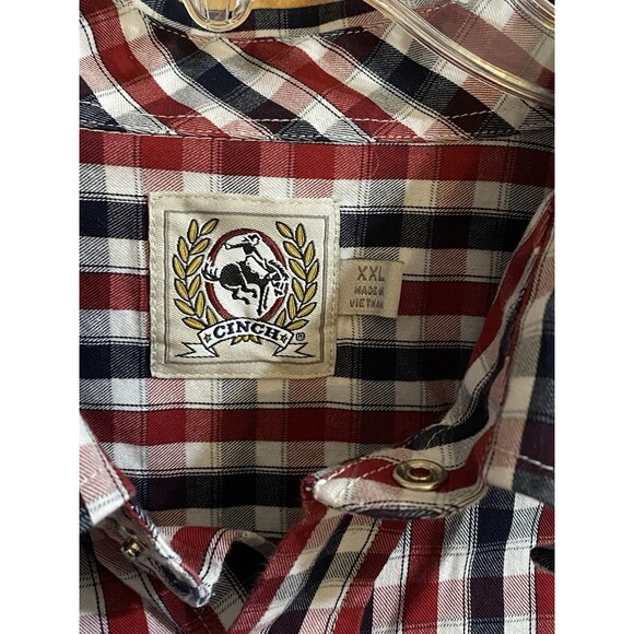 Cinch Men Button Up Shirt 2XL Red Plaid Pearl Snap Logo Long Sleeve - Picture 5 of 8